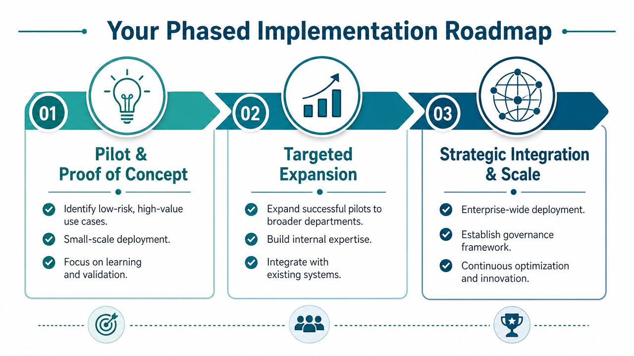 A phased implementation roadmap infographic illustrating three steps: Pilot and Proof of Concept, Targeted Expansion, and Strategic Integration.