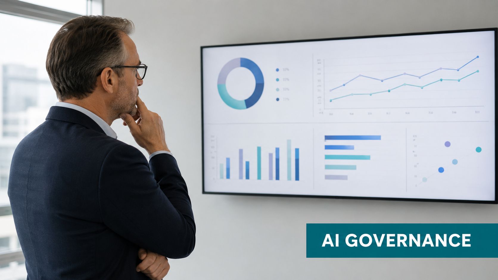 A professional man in a suit looks thoughtfully at a screen displaying various data charts.