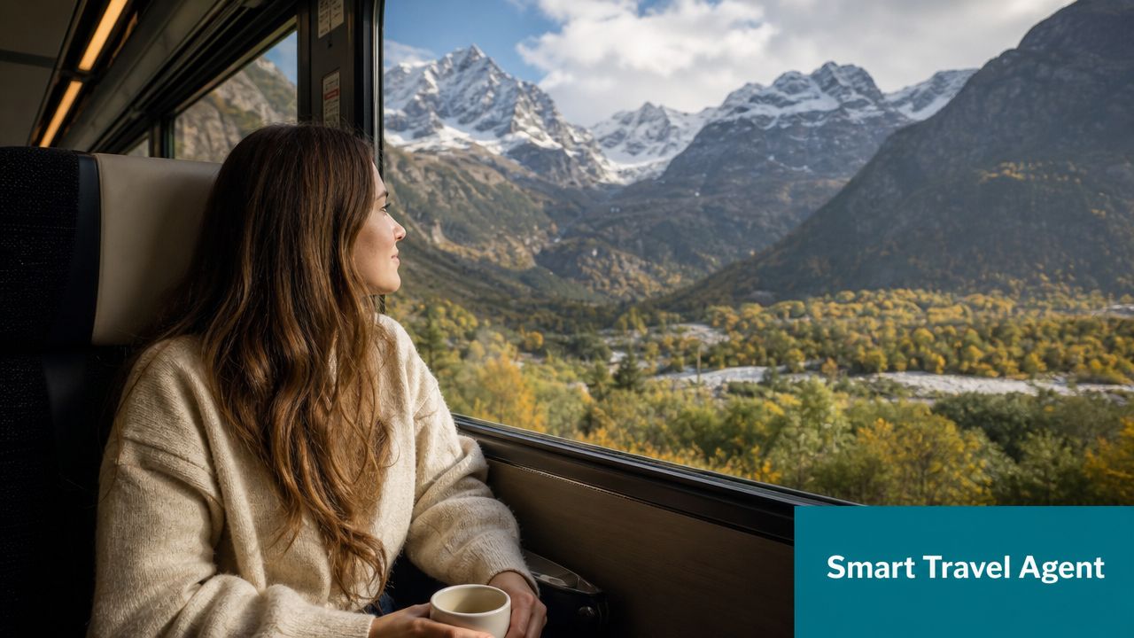 A woman looks out a train window at a scenic view of snowy mountains and lush forests.