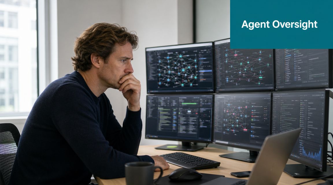 A man focused on monitoring complex data networks and digital workflows across multiple computer screens in office.