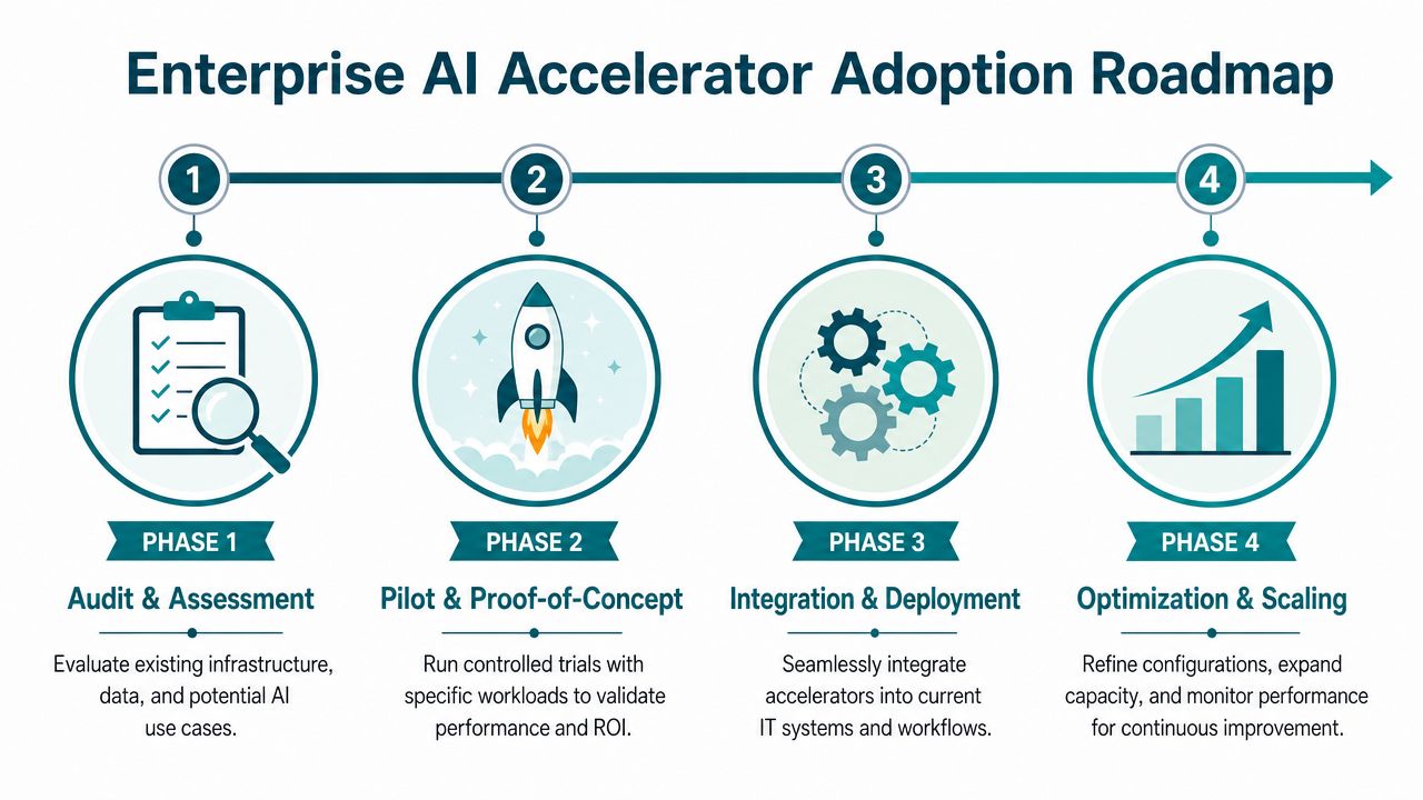 A four-phase roadmap diagram illustrating the step-by-step process for adopting AI accelerators in enterprise environments.