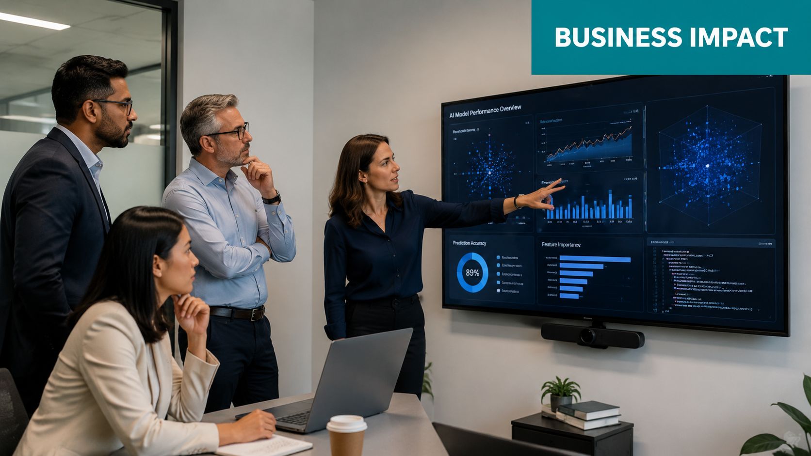 A professional team discussing AI data visualizations on a large screen in a modern office.