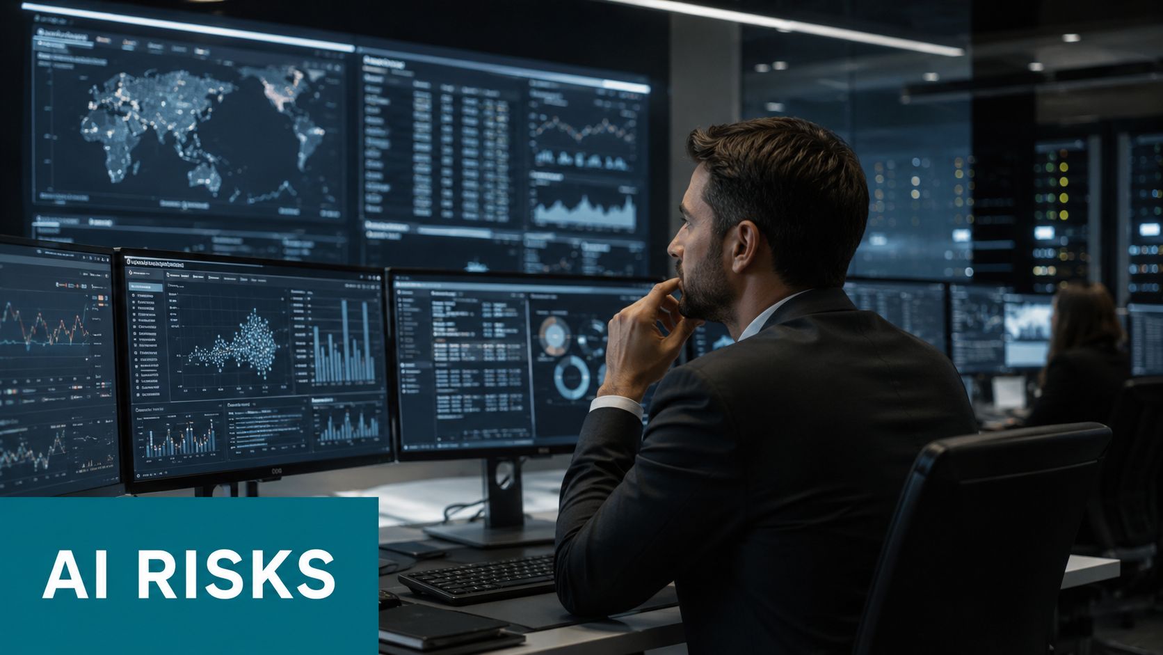 A professional man in a suit observing complex data analytics on multiple screens in a dark office.