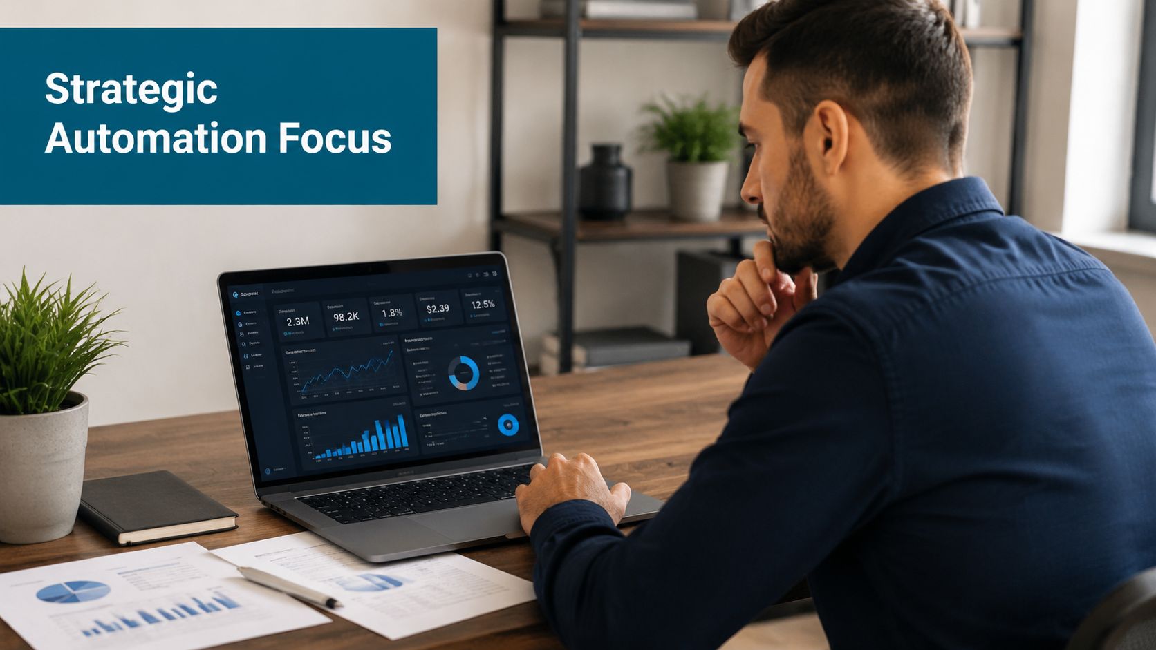 A professional man analyzing digital data dashboards on a laptop for strategic business automation and ecommerce optimization.
