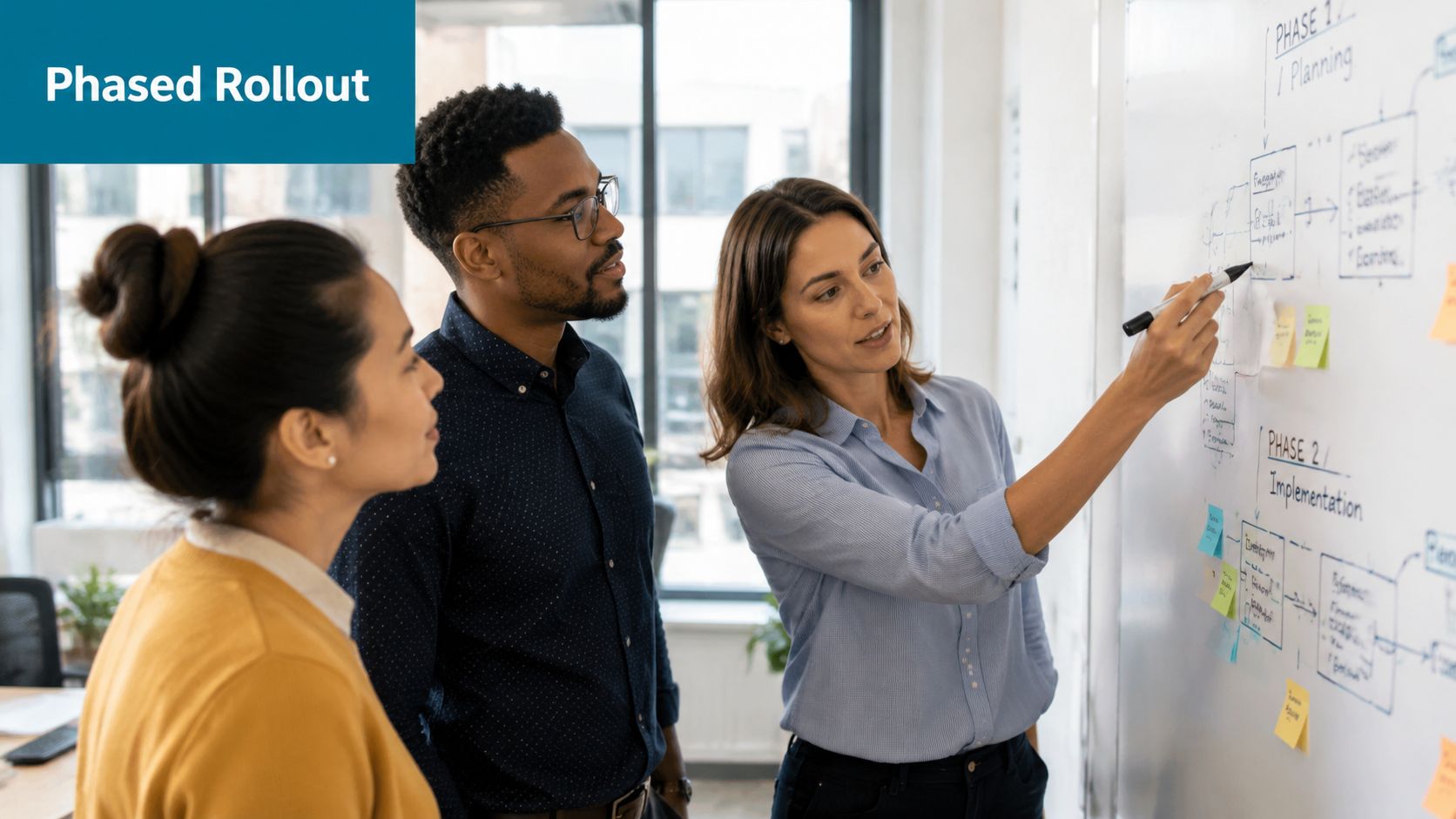 A diverse team of professionals collaboratively brainstorming on a whiteboard during a phased rollout business strategy meeting.
