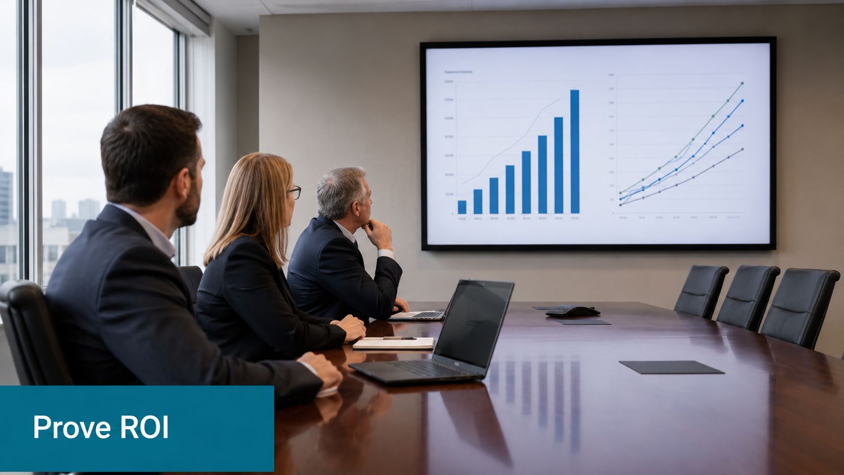 A professional team in a boardroom analyzing business data presented on a large screen during a presentation.