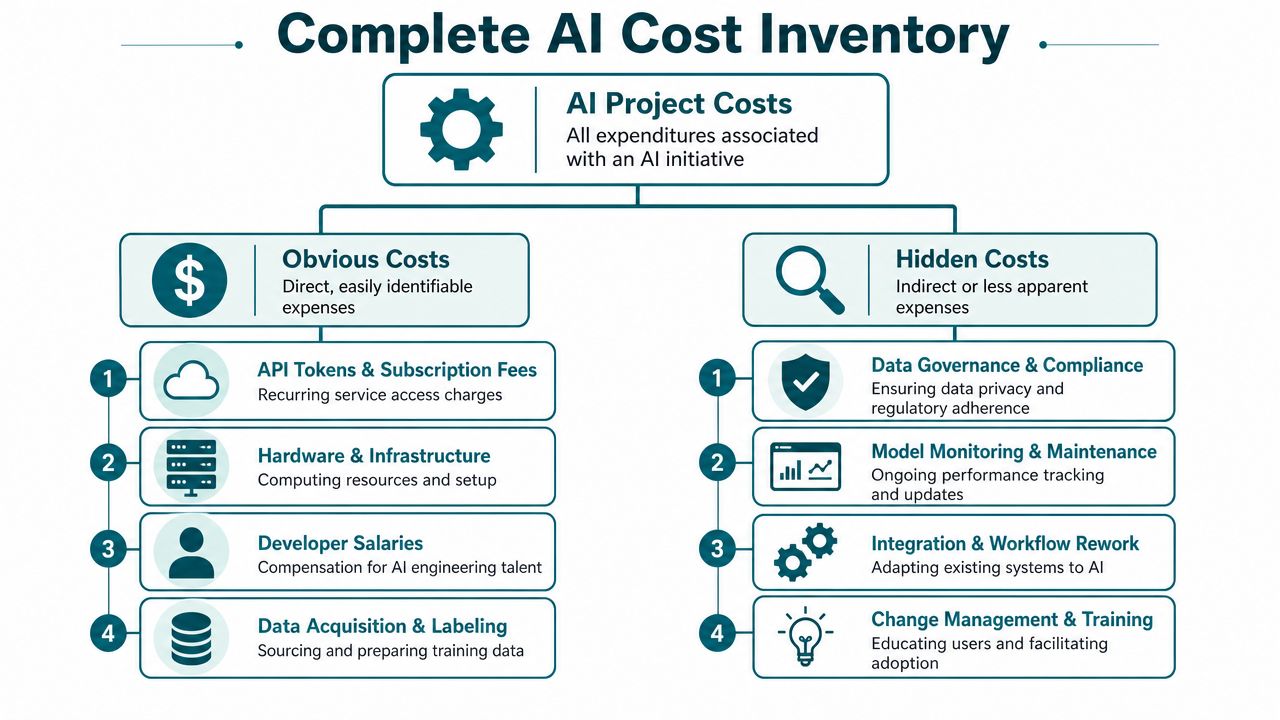 A diagram outlining the obvious and hidden costs associated with managing a corporate AI project initiative.