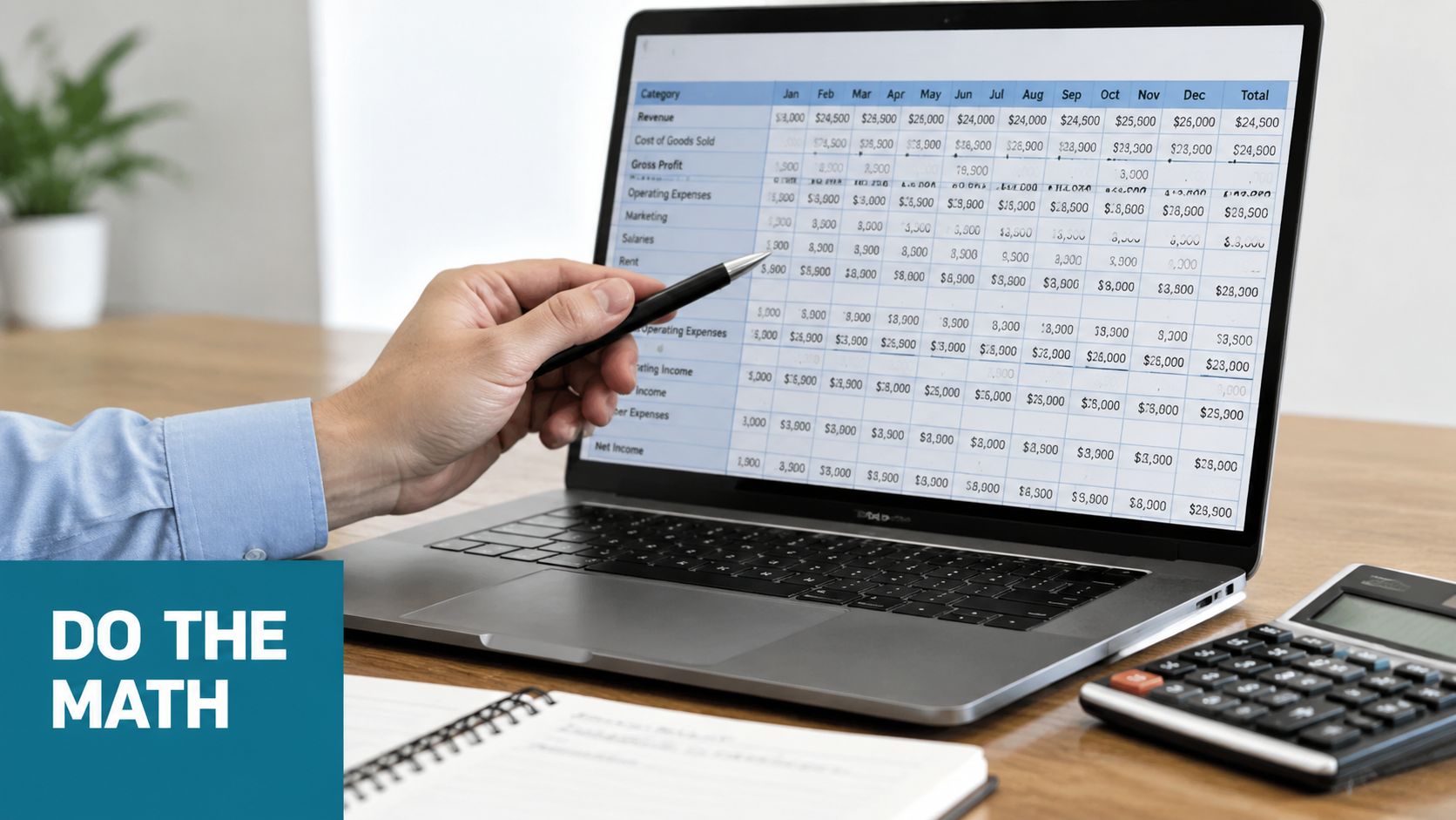 A professional analyzing a financial spreadsheet on a laptop with a calculator and notebook nearby.