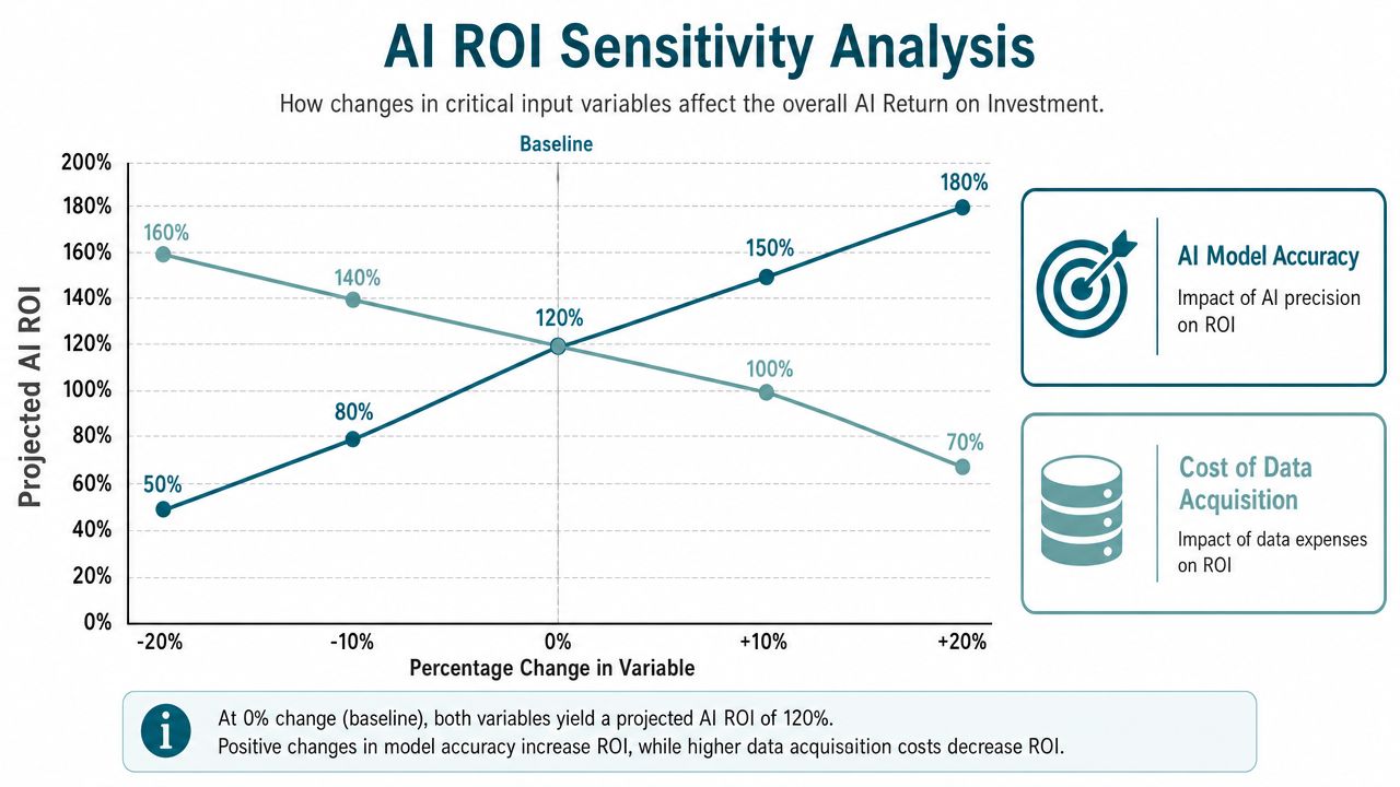 Line chart showing AI ROI sensitivity analysis regarding model accuracy versus data acquisition costs.