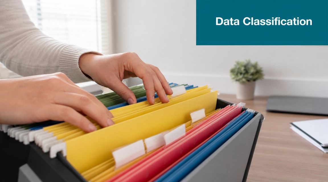 A professional organizing colorful hanging file folders in a black filing cabinet box on a desk.