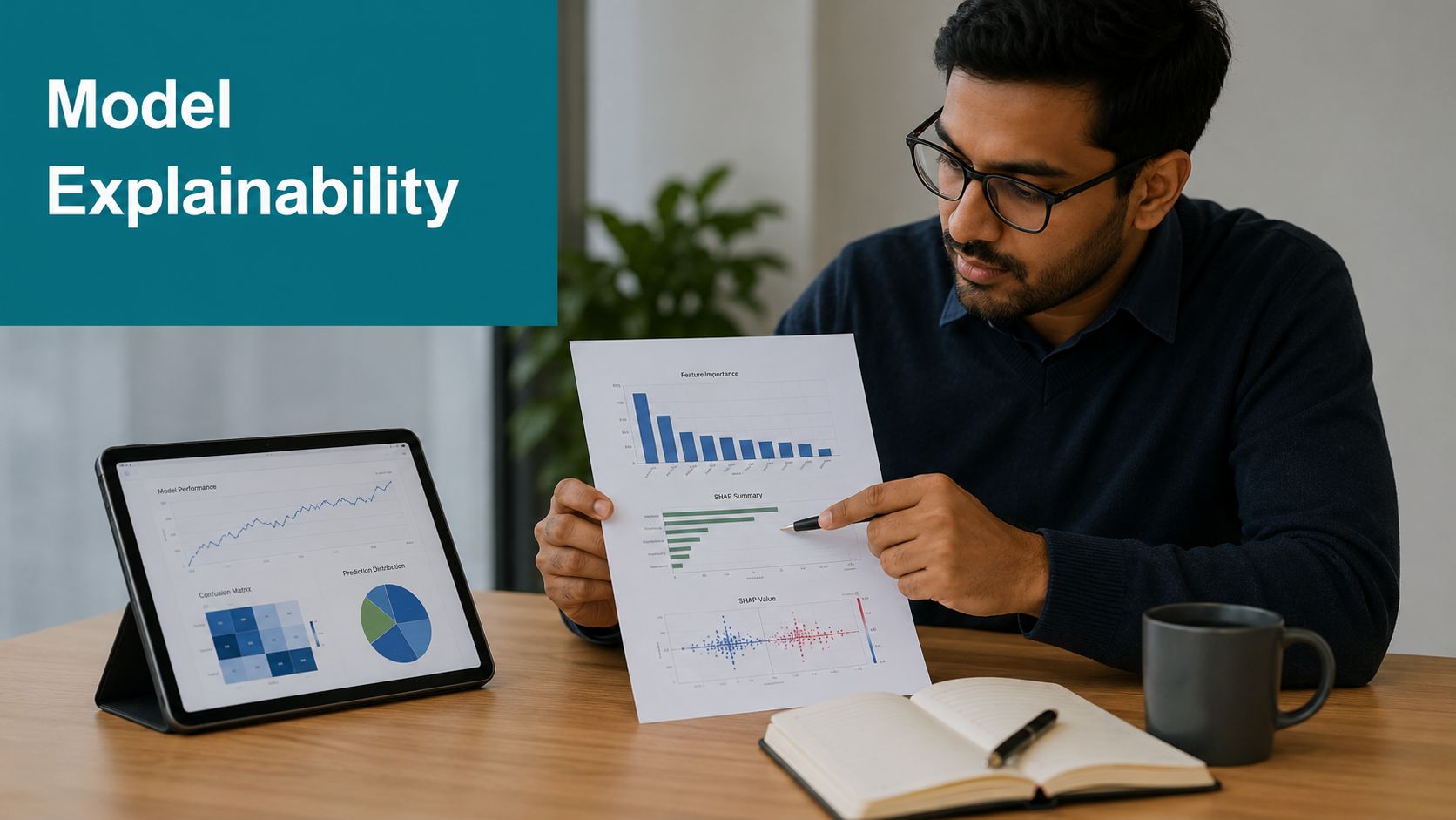 A professional analyzing AI model explainability charts and data visualizations on a digital tablet and paper.