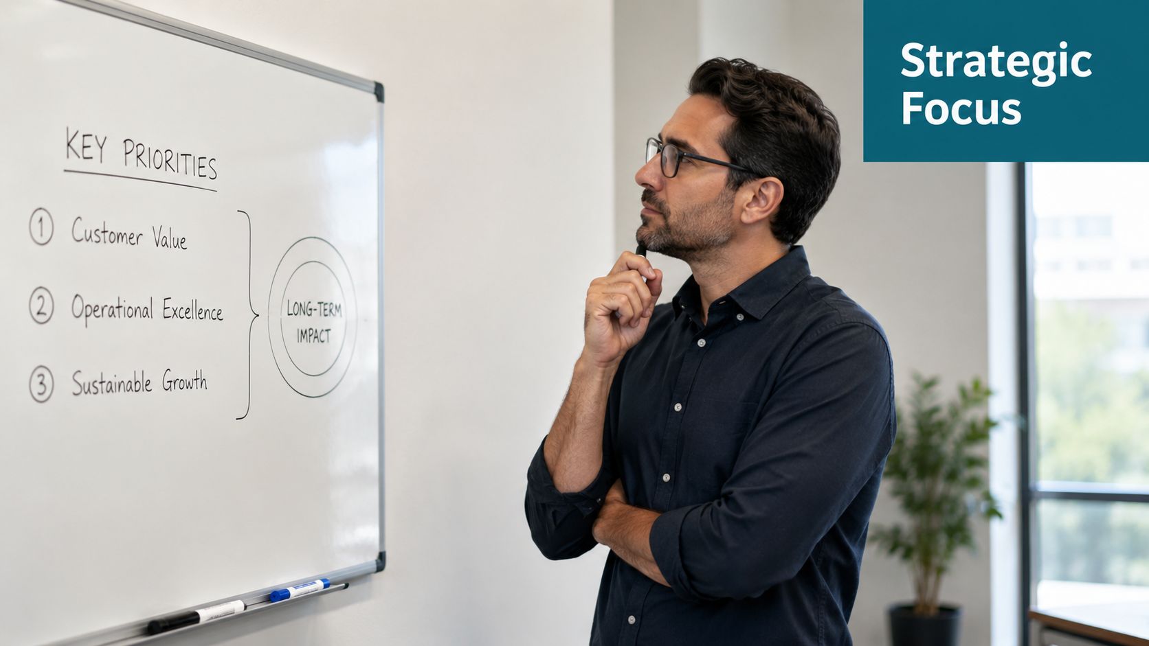 A professional man standing in an office, thoughtfully examining a strategic business plan on a whiteboard.