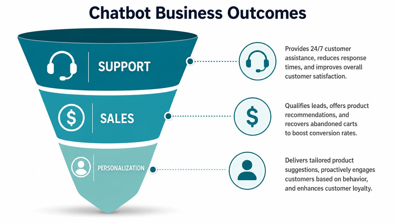 A funnel diagram illustrating how chatbots improve support, increase sales, and provide personalized customer experiences.