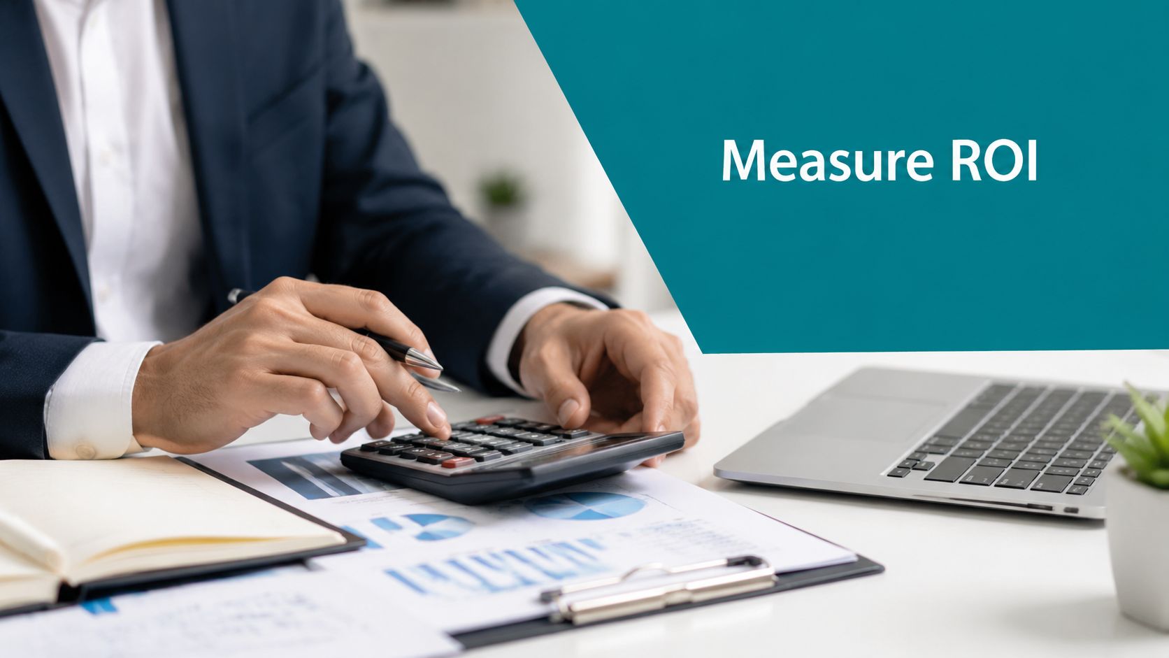 A professional business person calculating financial returns using a calculator and analyzing business report documents.