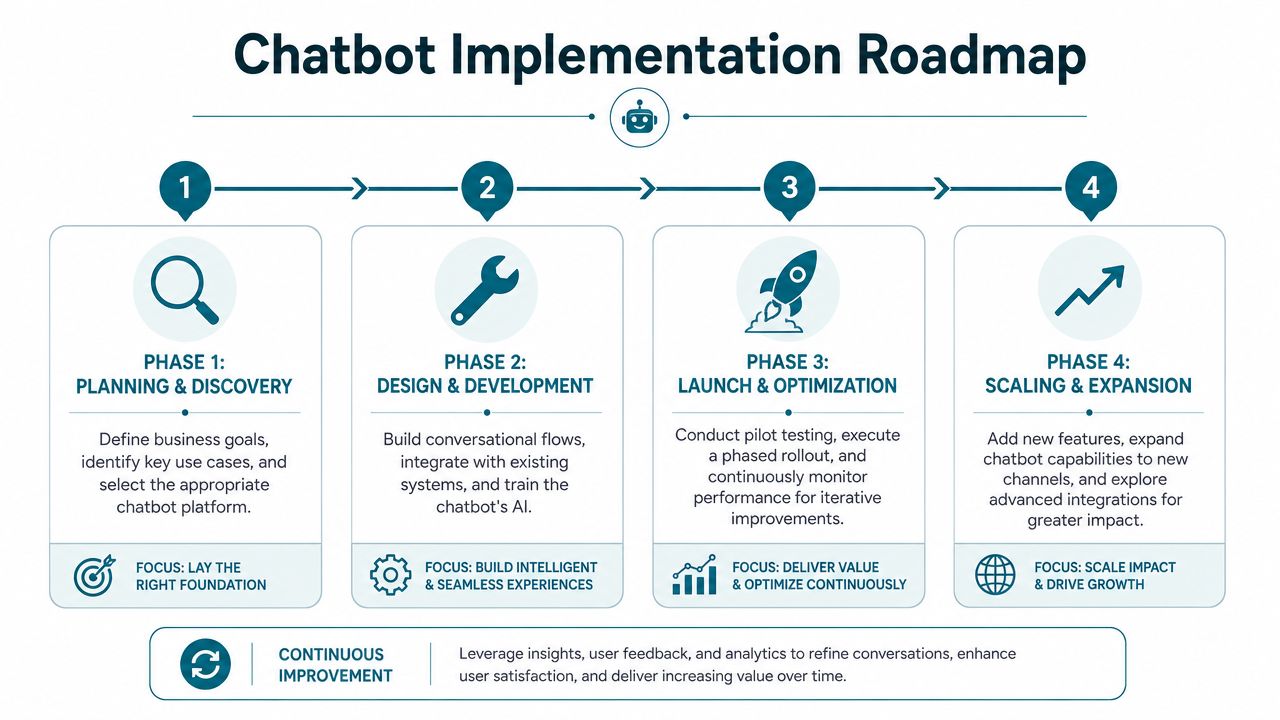A four-phase chatbot implementation roadmap graphic detailing steps from initial planning to final scaling and expansion.