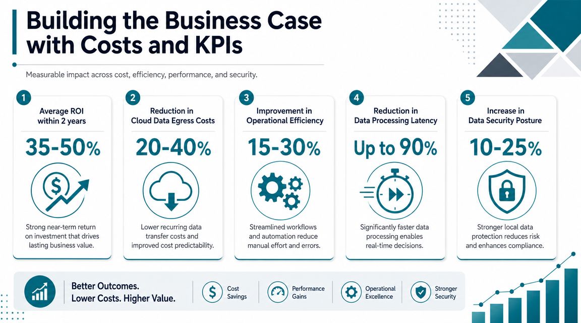 An infographic titled Building the Business Case with Costs and KPIs showing metrics like ROI, egress cost reduction, and security.