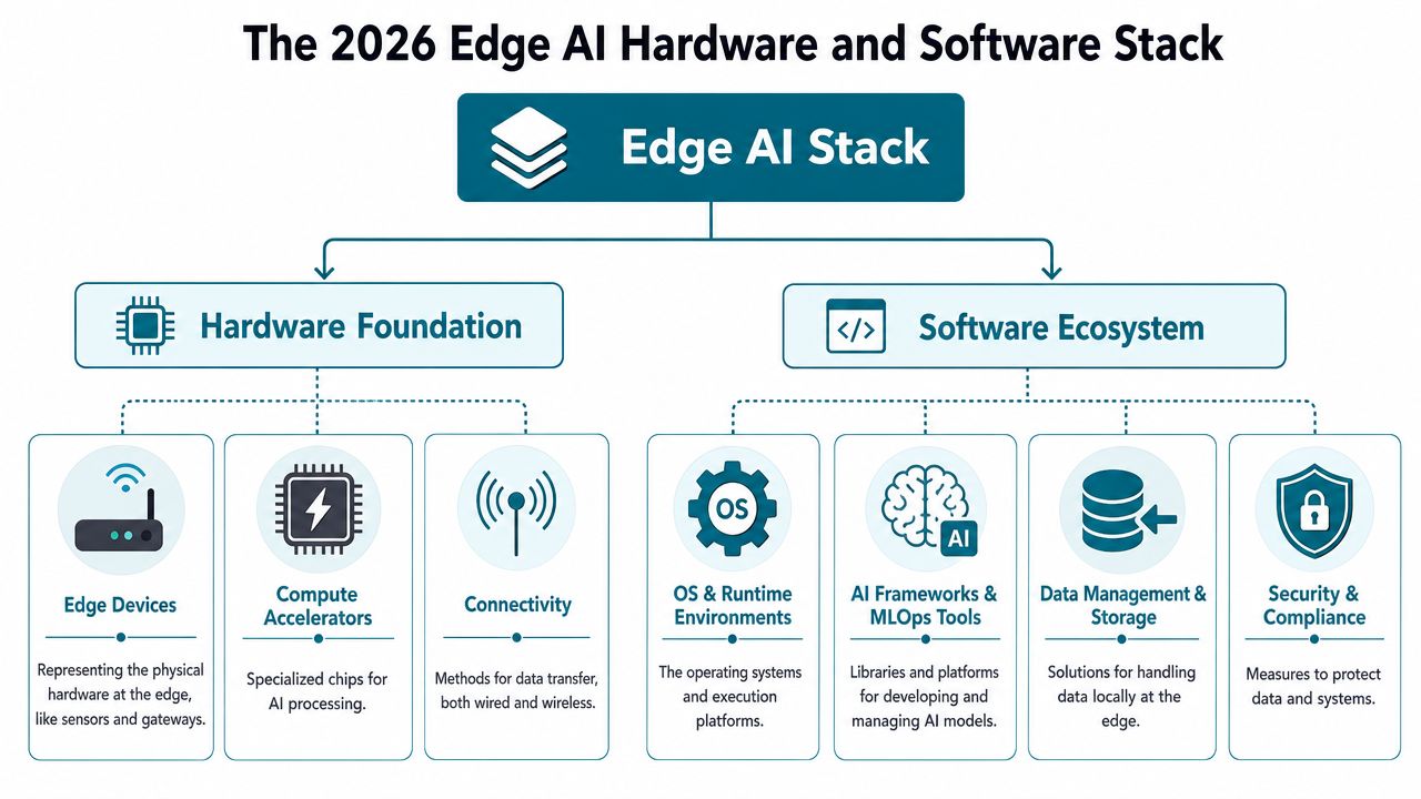 A diagram illustrating the 2026 Edge AI hardware foundation and software ecosystem architecture components.