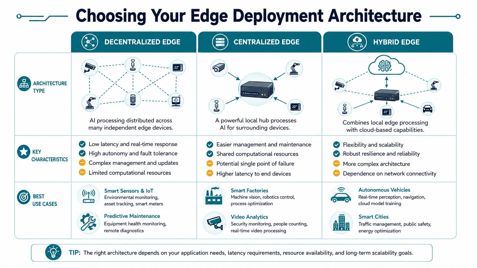A diagram illustrating the three types of edge AI deployment architectures: decentralized, centralized, and hybrid edge computing.