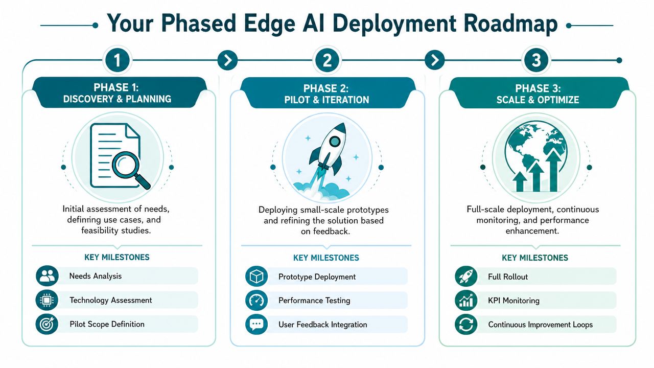 A three-phase roadmap for enterprise edge AI deployment covering discovery, pilot iteration, and final scaling stages.