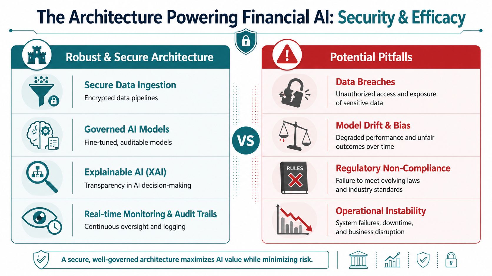 An infographic comparing robust financial AI architectures against potential pitfalls and operational risks in fintech security.