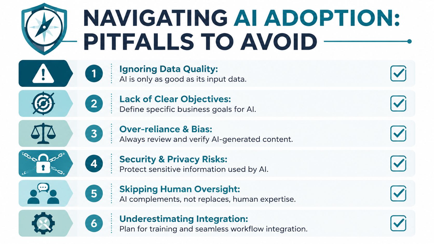 An infographic titled Navigating AI Adoption listing six key pitfalls to avoid when using artificial intelligence.