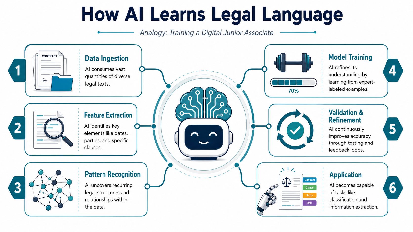 An infographic illustrating six stages of how AI learns legal language, modeled as a junior associate.