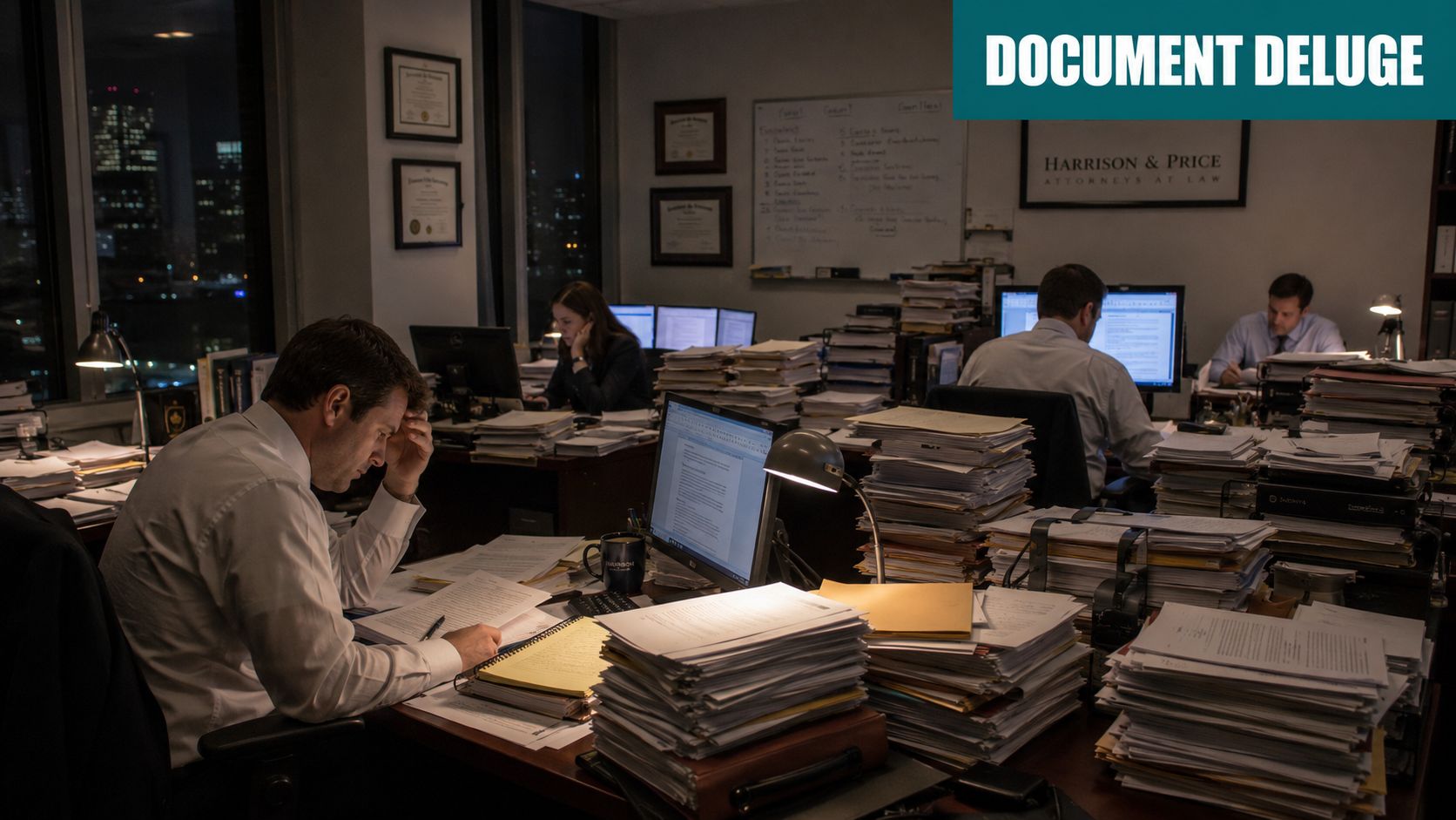 A busy law office at night with lawyers working overtime surrounded by large stacks of legal documents.