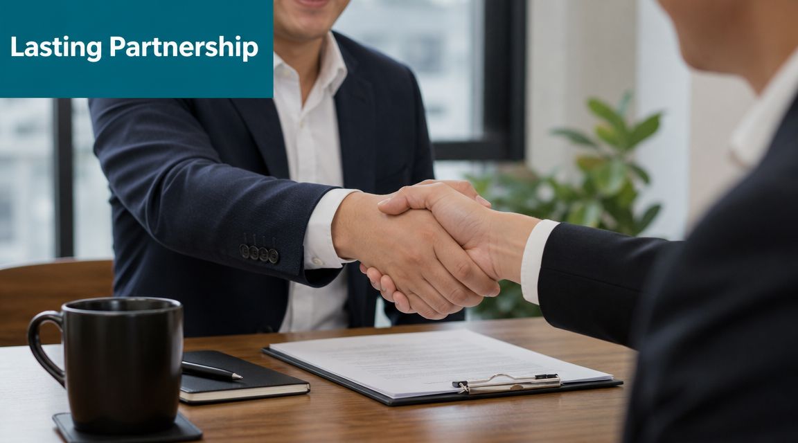 Two professionals in suits shaking hands over a business contract at a desk with a coffee mug.