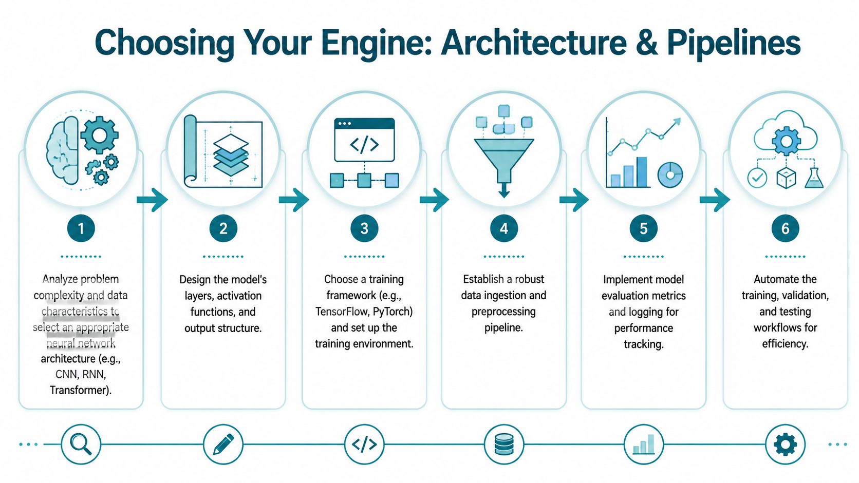 A six-step infographic illustrating the machine learning lifecycle for building and deploying neural network models.