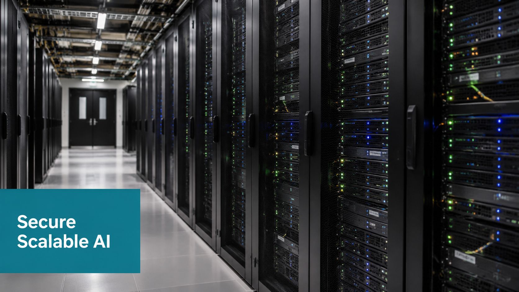 A modern data center aisle filled with rows of server racks with flashing blue and green status lights.