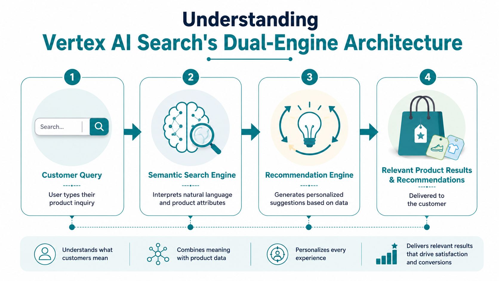A diagram illustrating the four-step workflow of Vertex AI Search's dual-engine architecture for retail search and recommendations.
