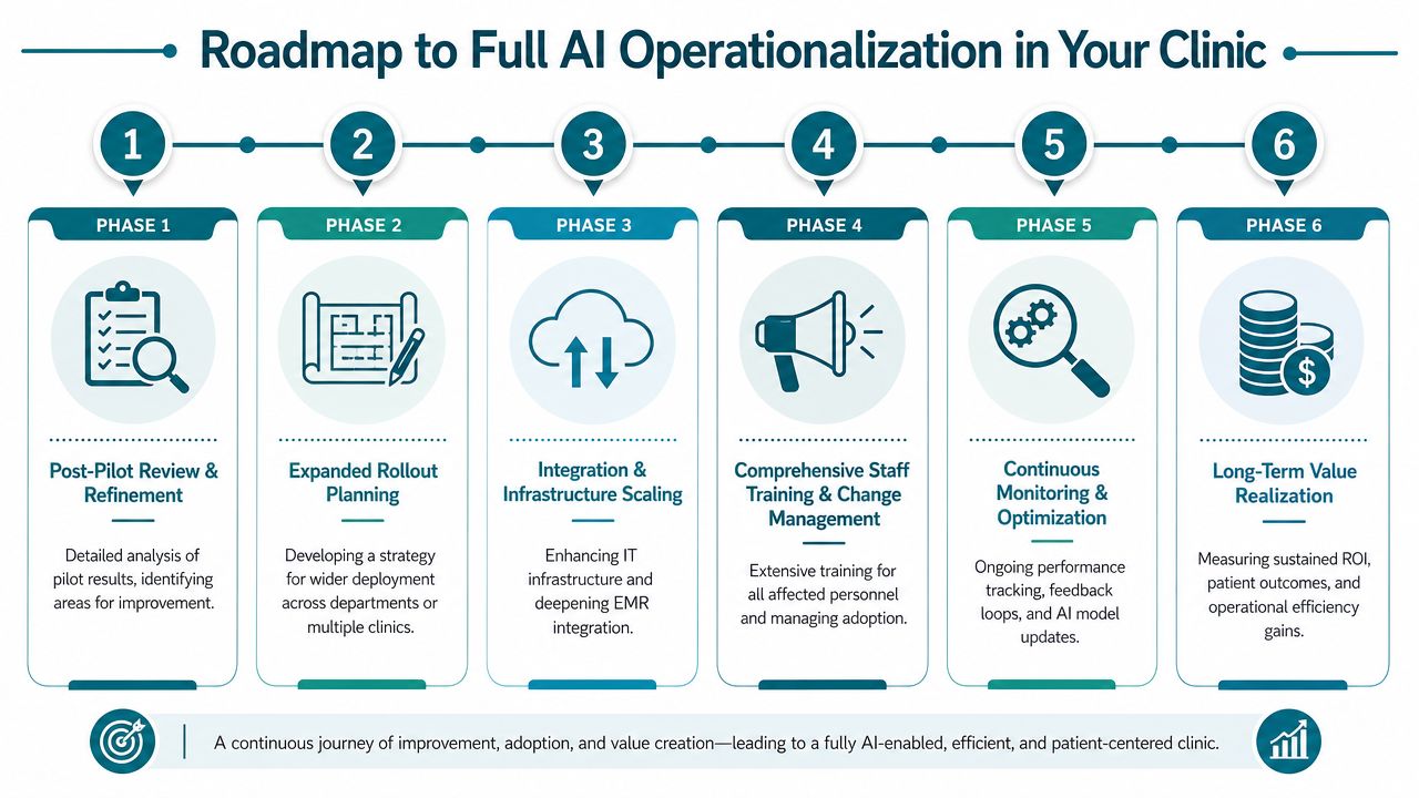 A six-phase infographic roadmap for successfully operationalizing AI technology within a clinical healthcare setting.