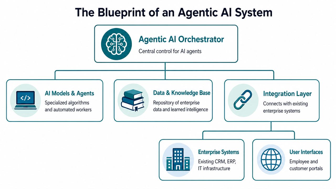 A diagram illustrating the architectural blueprint of an agentic AI system with its core components and connections.