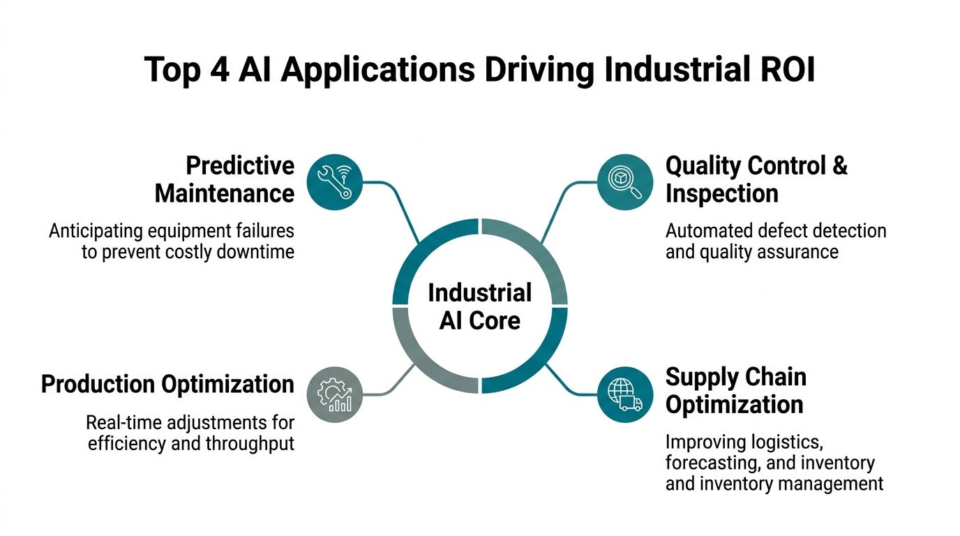 A diagram illustrating four primary AI applications that drive return on investment for industrial manufacturing operations.