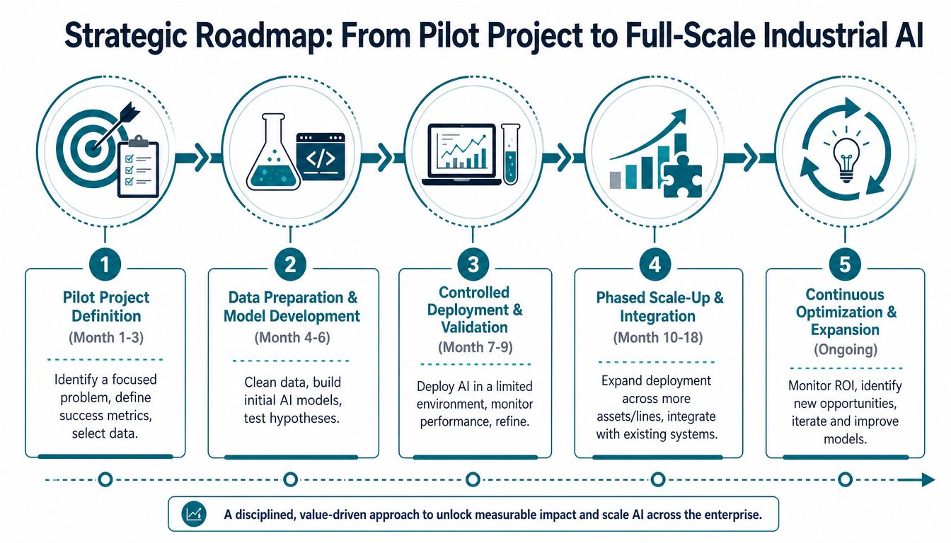 A five-step strategic roadmap graphic showing the progression from pilot project definition to full-scale industrial AI implementation.
