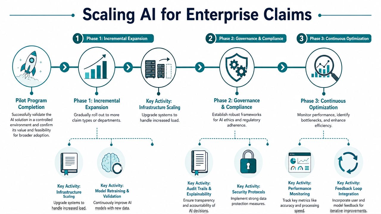 A three-phase roadmap diagram illustrating the process of scaling AI technology within enterprise claims departments.
