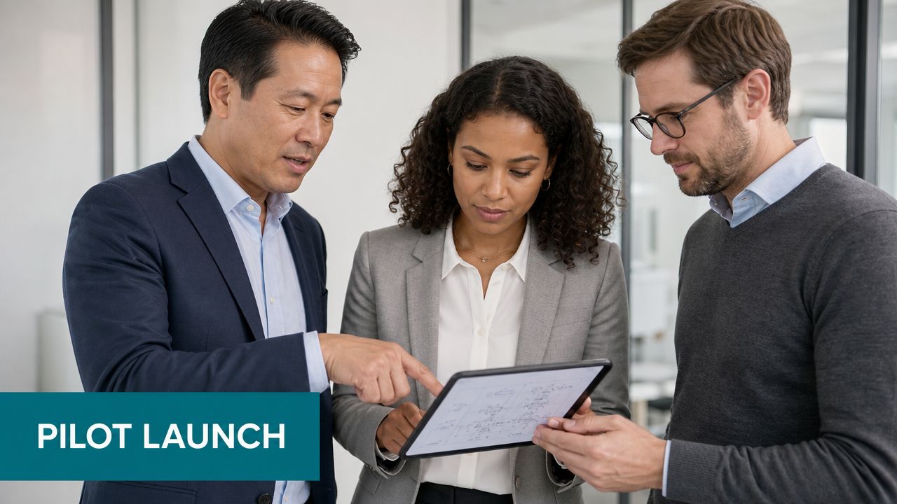 A diverse team of business professionals collaboratively reviewing technical diagrams and documents on a digital tablet in office.