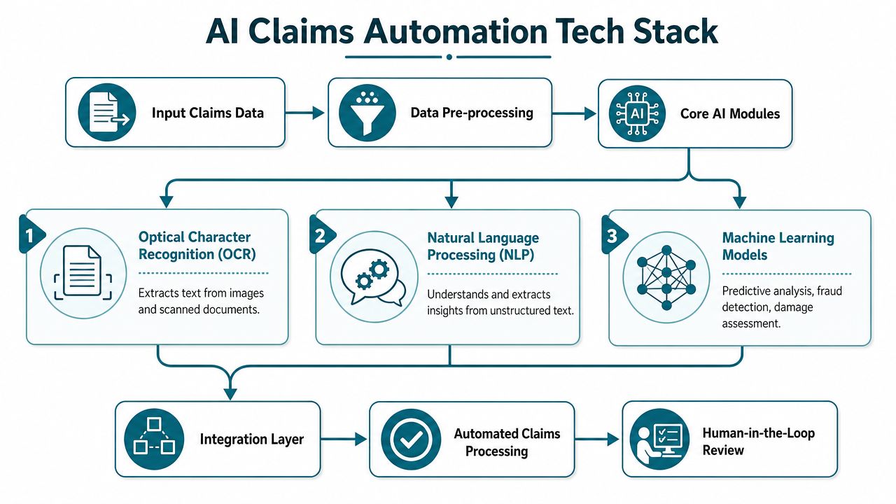 Flowchart illustrating the AI claims automation tech stack process from data input to human review.