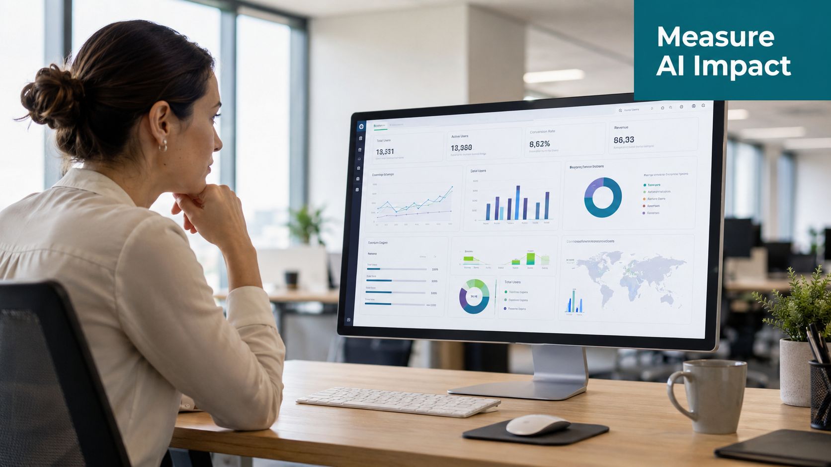 A professional woman viewing data analytics and AI impact metrics on a computer monitor in an office.