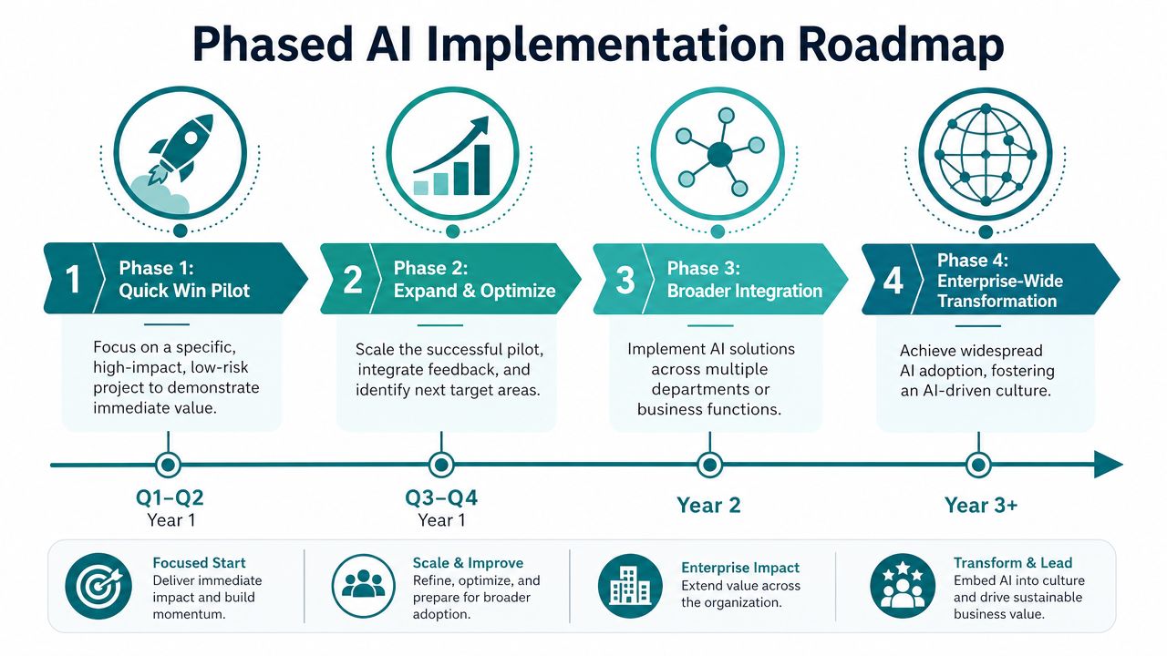 A four-phase AI implementation roadmap infographic showing steps from a quick pilot to enterprise-wide transformation.