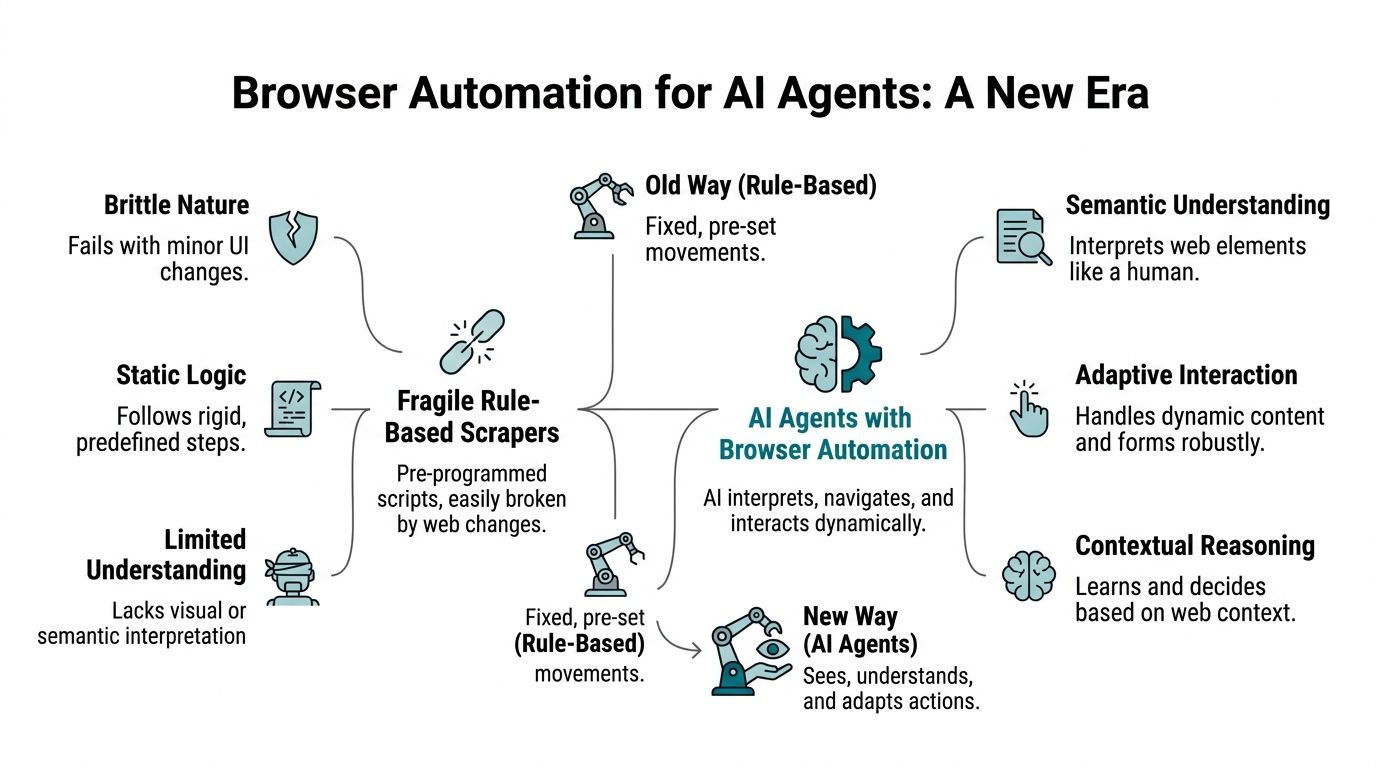 A comparison chart showing traditional rule-based web scrapers versus modern AI agents for browser automation.