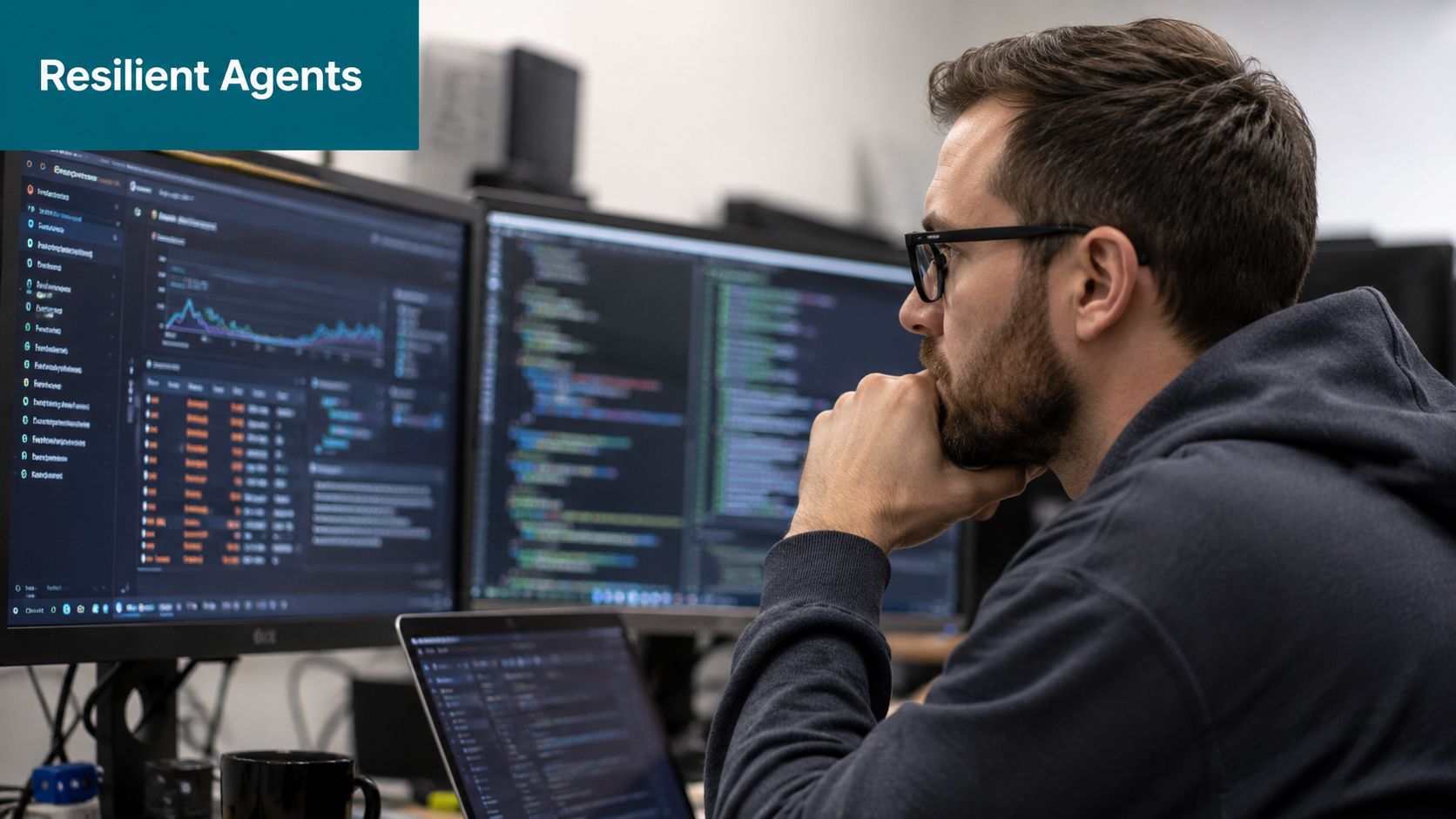 A focused developer sits at a desk analyzing complex code and data charts on multiple computer screens.
