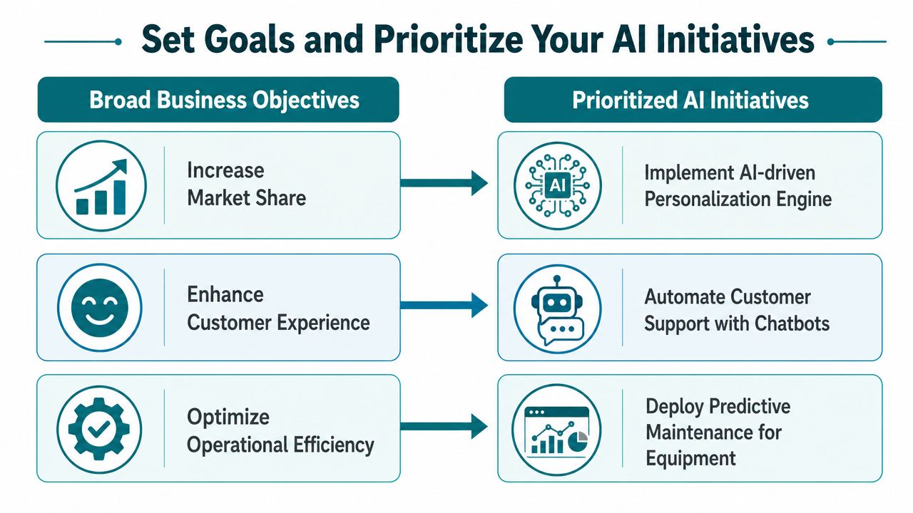 A chart showing business objectives linked to specific AI initiatives for strategic corporate digital transformation planning.