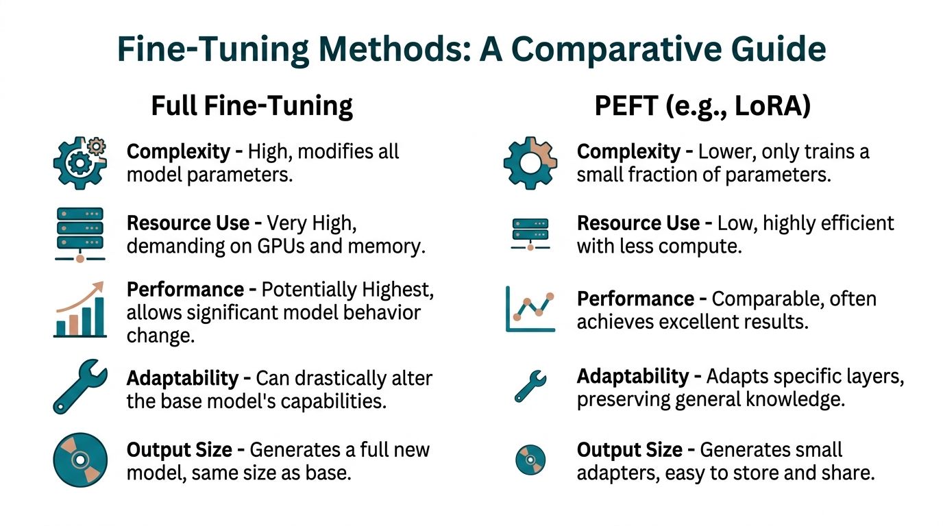 A comparison chart highlighting the key differences between full fine-tuning and PEFT methods for AI models.