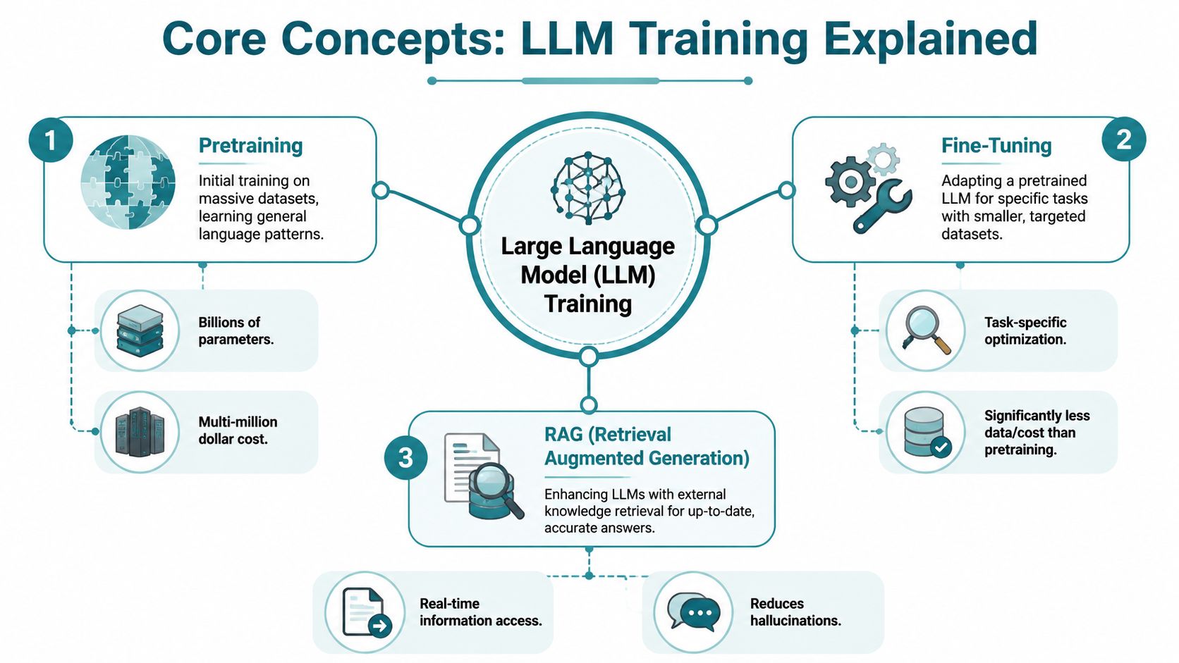 An educational diagram explaining the three key phases of Large Language Model development: Pretraining, Fine-Tuning, and RAG.