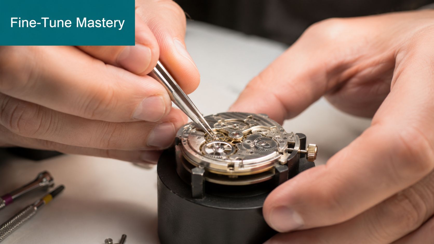 A watchmaker's hands carefully using tweezers to adjust the delicate internal gears of a mechanical watch.