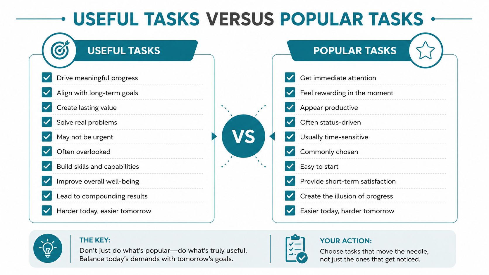 A comparison chart contrasting the characteristics of useful tasks versus popular tasks for better productivity management.