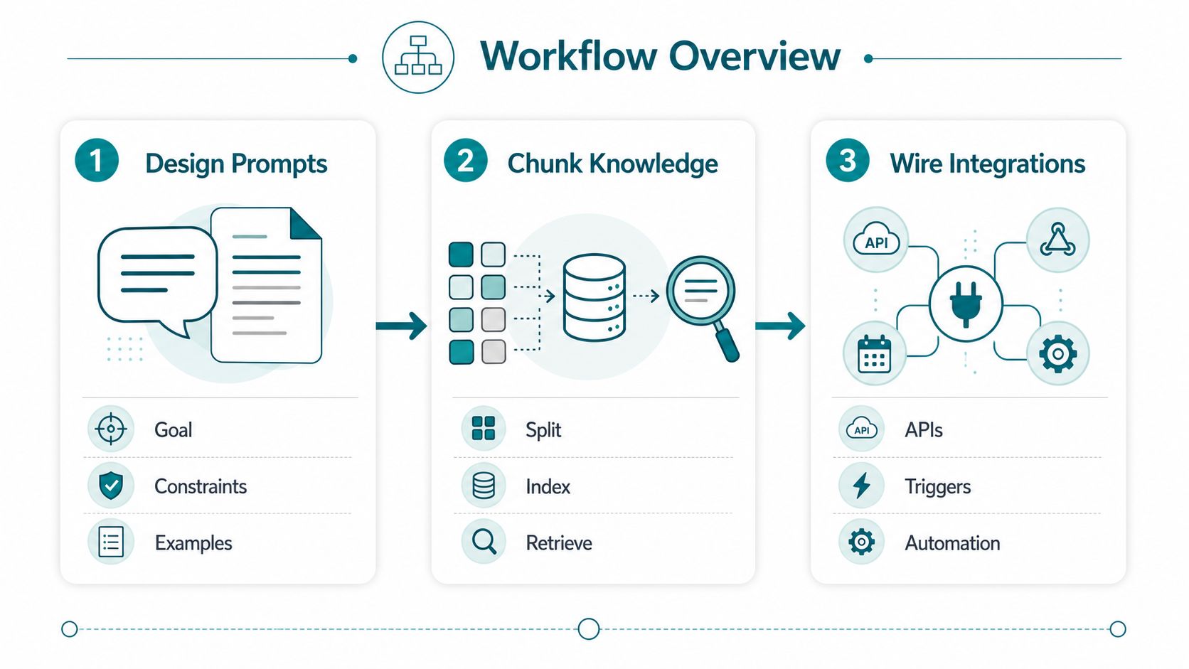 A three-step workflow diagram showing the process of designing prompts, chunking knowledge, and wiring AI integrations.
