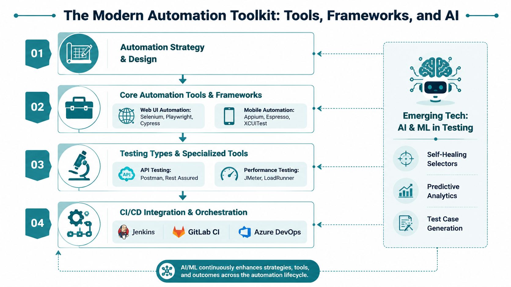 A diagram illustrating the modern automation toolkit including testing frameworks, tools, CI/CD integration, and AI technology.