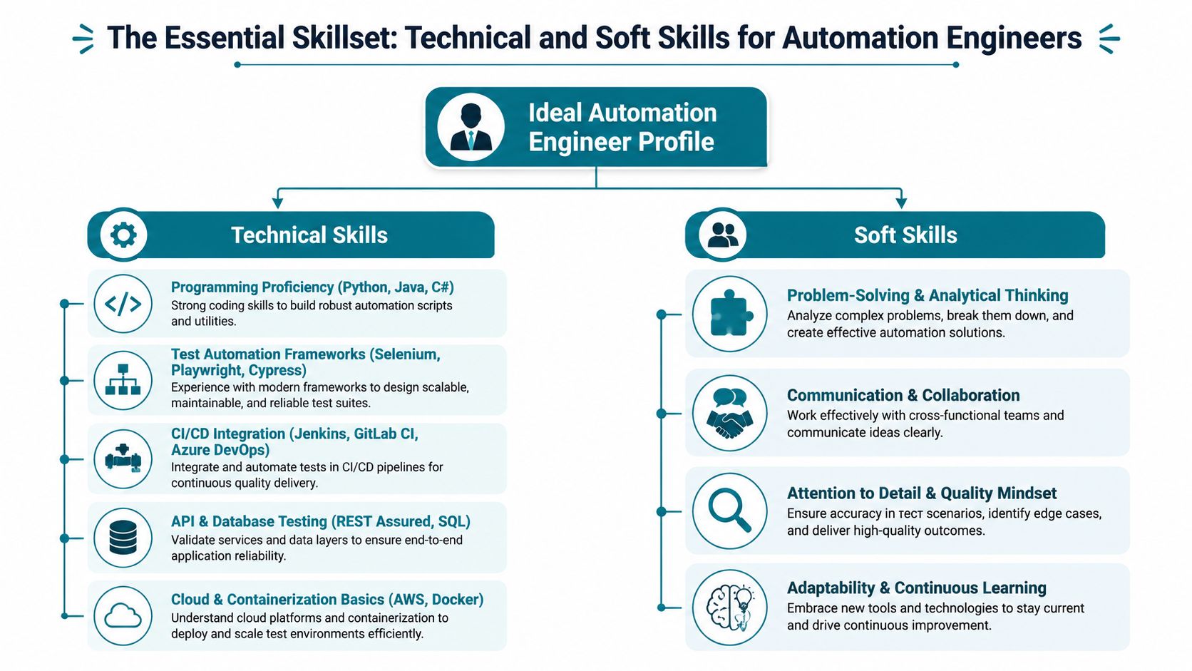 An infographic detailing essential technical and soft skills required for a professional software test automation engineer.